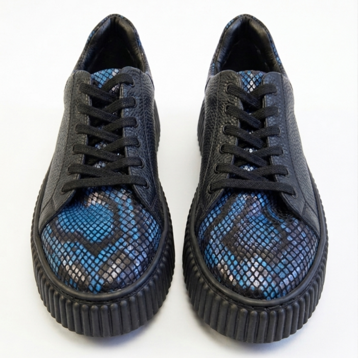 Sneakers damă negri piele naturală cu imprimeu Blue Python – talpă cusută [4]