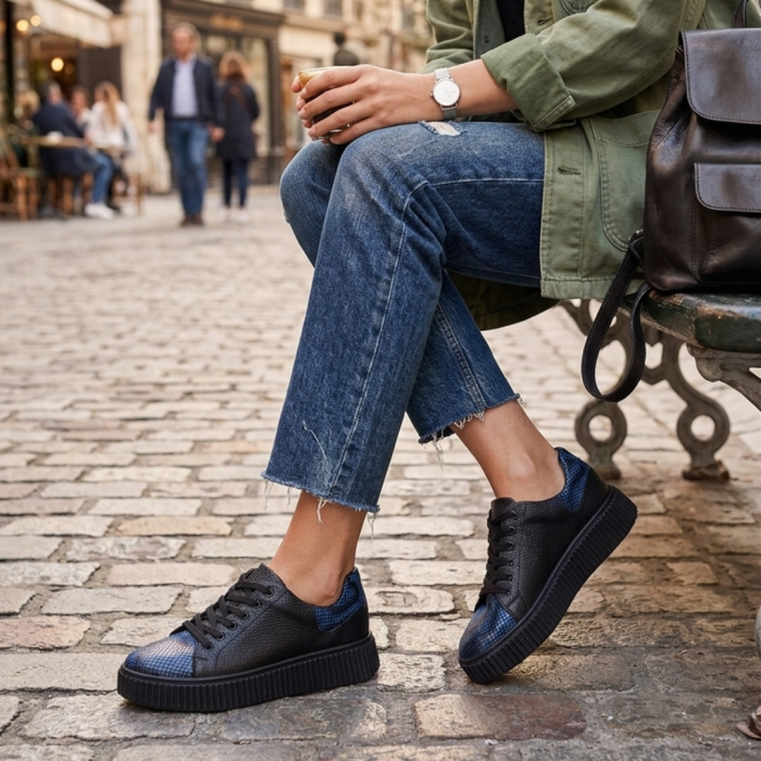 Sneakers damă negri piele naturală cu imprimeu Blue Python – talpă cusută [6]