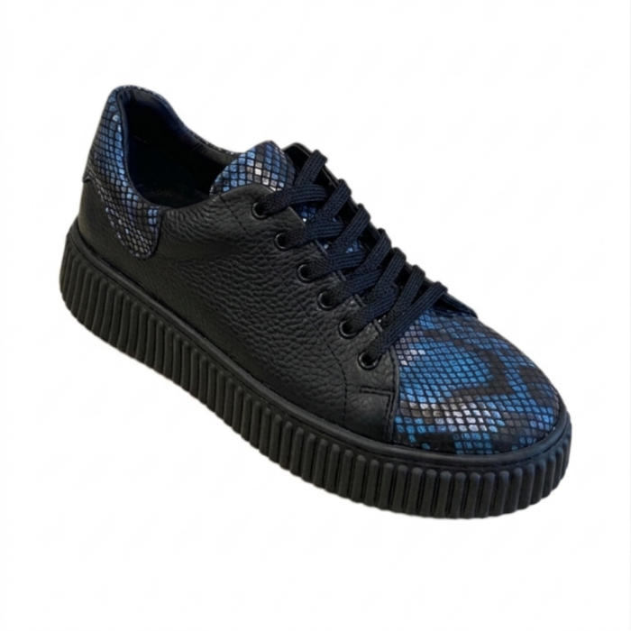 Sneakers damă negri piele naturală cu imprimeu Blue Python – talpă cusută [2]