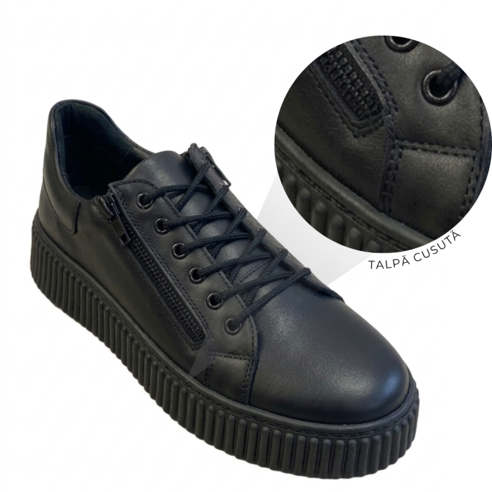 Sneakers dama negri piele naturala box cu doua fermoare – talpa cusuta [6]