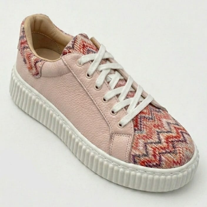 Sneakers damă piele naturală roz cu imprimeu chevron și talpă cusută [2]