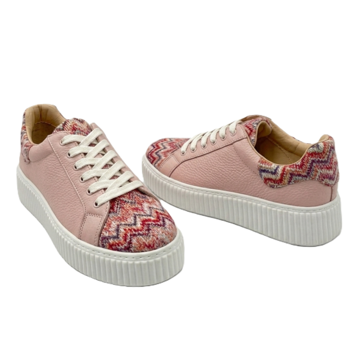 Sneakers damă piele naturală roz cu imprimeu chevron și talpă cusută [5]