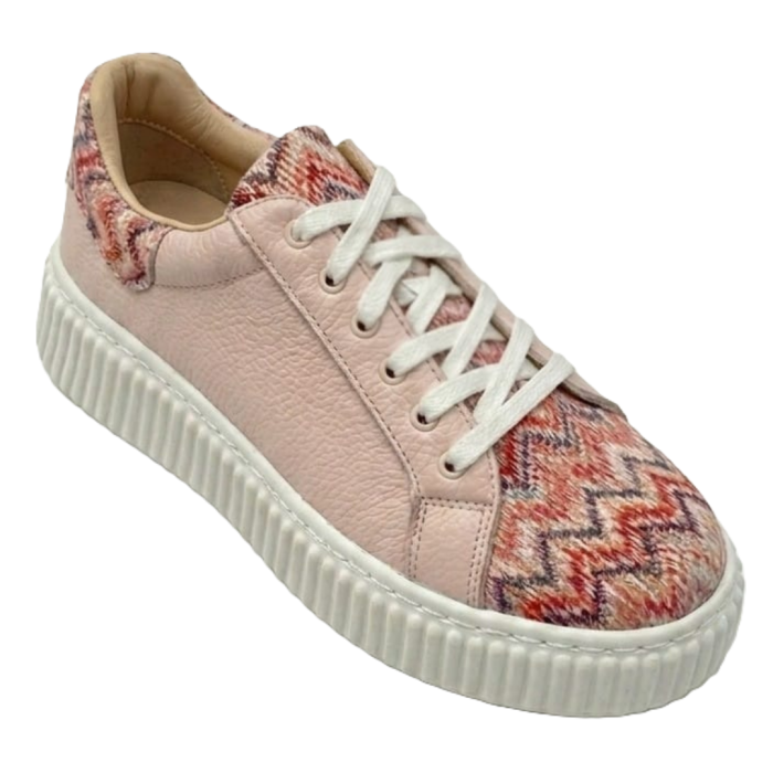Sneakers damă piele naturală roz cu imprimeu chevron și talpă cusută [2]