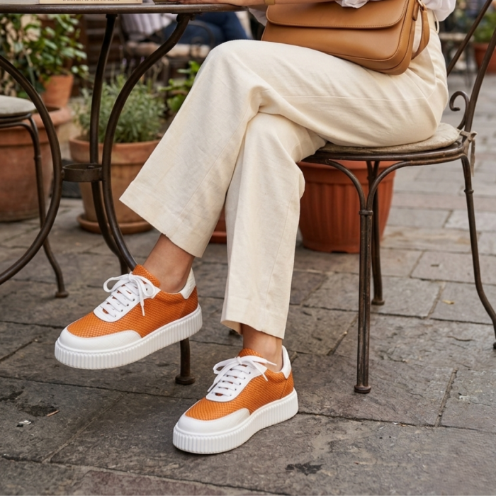 Sneakers dama portocalii din piele naturala – model fashion cu talpa cusuta [5]