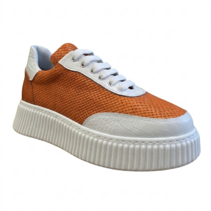 Sneakers dama portocalii din piele naturala – model fashion cu talpa cusuta [2]