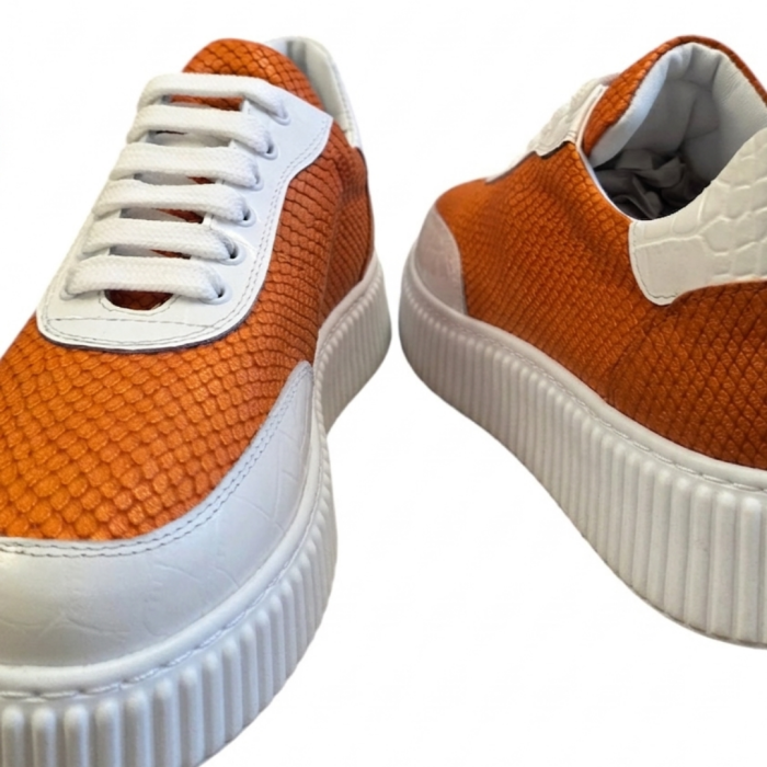 Sneakers dama portocalii din piele naturala – model fashion cu talpa cusuta [4]