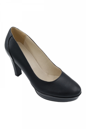 Pantofi damă eleganți, piele naturală cu lac, vârf rotund, toc înalt îmbrăcat, negru [2]