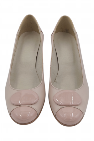 Pantofi damă eleganți, piele naturală cu lac, vârf rotund, toc mic si conic, bej [4]