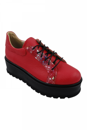 Pantofi cu talpa inalta - Pantofi damă fara toc, piele naturală bizon cu sireturi talpă înaltă, imprimeu buline colorate, rosu, Sandali