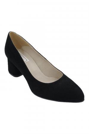 Pantofi cu toc gros 5 cm - Pantofi damă eleganți, piele naturală velur, varf migdalat, toc gros îmbrăcat, negru. SANDALI
