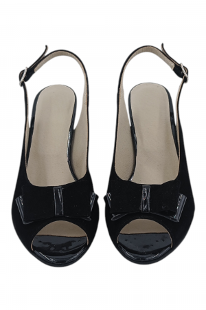 Sandale damă eleganți, piele naturală întoarsă, vârf decupat cu fundă, toc conic, negru [3]