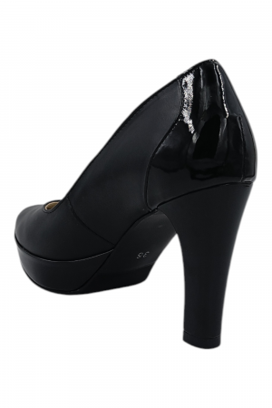 Pantofi damă eleganți, piele naturală cu lac, vârf rotund, toc înalt îmbrăcat, negru [3]