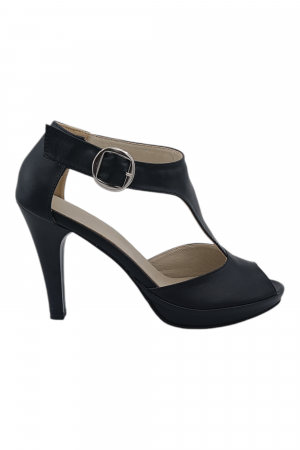 Sandale cu toc înalt - Sandale damă elegante, piele naturală, vârf decupat, cataramă lată, negru