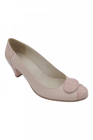 Pantofi damă eleganți, piele naturală cu lac, vârf rotund, toc mic si conic, bej [2]