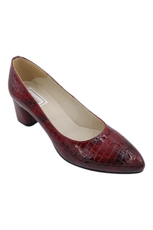 Pantofi cu toc gros 6 cm - Pantofi damă eleganți, piele naturală lacuita croco, varf rotund, toc gros mediu, visiniu