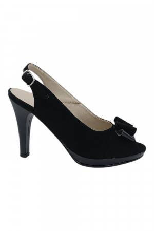 Sandale cu toc înalt - Sandale damă elegante, piele naturală întoarsă, vârf decupat cu fundă, cataramă, cu platformă, negru