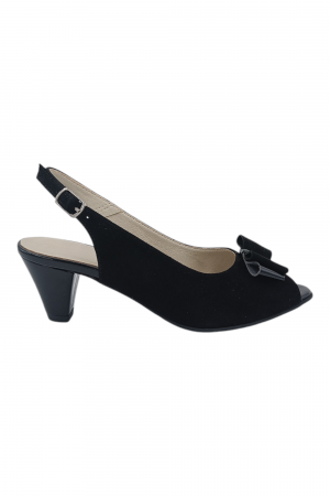 Sandale cu toc 4 cm - Sandale damă eleganți, piele naturală întoarsă, vârf decupat cu fundă, toc conic, negru