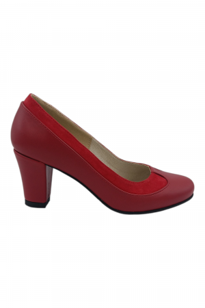 Pantofi damă - Pantofi damă eleganți, piele naturală, vârf rotund, toc gros mediu, roșu
