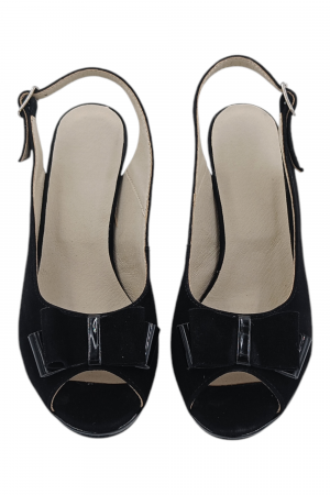 Sandale damă elegante, piele naturală întoarsă, vârf decupat cu fundă, cataramă, cu platformă, negru [3]