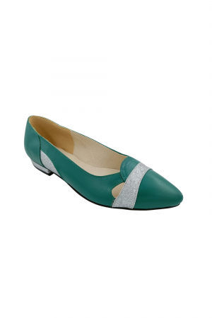 Balerini - Balerini dama eleganti, piele naturala box, varf ascutit, toc mic, bareta, glitter argintiu, verde, Sandali