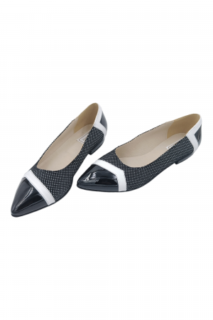 Balerini damă eleganți, piele naturală lăcuită, ornamente, vârf ascuțit, toc mic, negru, imprimeu buline albe, SANDALI [5]