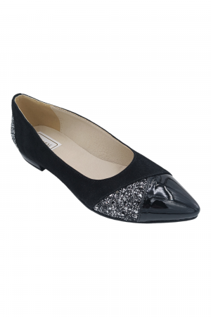 Balerini - Balerini damă, piele naturală velur, vârf ascuțit, toc mic, glitter, negru