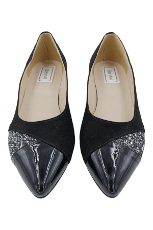 Balerini damă, piele naturală velur, vârf ascuțit, toc mic, glitter, negru [3]