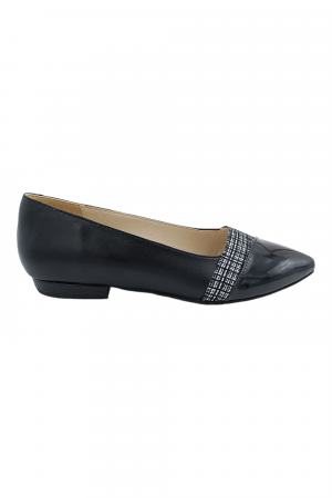 Balerini damă, piele naturală box, ornament imprimeu carouri albe, vârf ascuțit, toc mic, negru [1]
