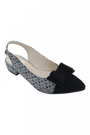 Pantofi sanda cu toc 4 cm - Sandale damă, piele naturală velur, fundă, vârf ascuțit negru, toc mic, imprimeu carouri albe, Sandali