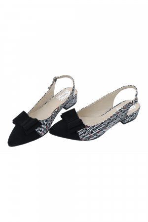 Sandale damă, piele naturală velur, fundă, vârf ascuțit negru, toc mic, imprimeu carouri albe, Sandali [4]