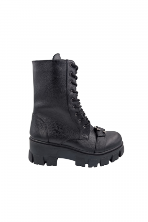 Ghete cu catarame - Ghete damă casual, piele naturală bizon, cataramă, talpă ușoară, crampoane mari, negru, SANDALI