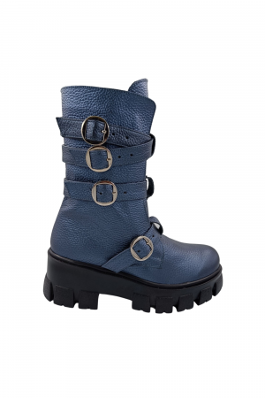 Ghete cu catarame - Ghete damă casual, piele naturală bizon, patru barete cu catarame, talpă ușoară, crampoane mari, albastru, Sandali