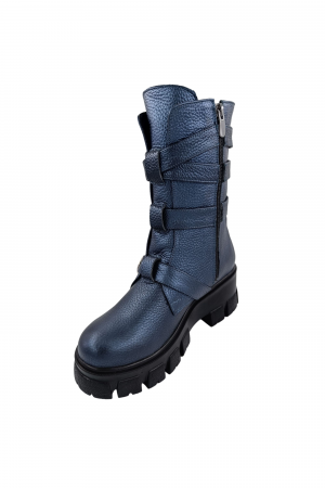 Ghete damă casual, piele naturală bizon, patru barete cu catarame, talpă ușoară, crampoane mari, albastru, Sandali [1]