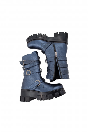 Ghete damă casual, piele naturală bizon, patru barete cu catarame, talpă ușoară, crampoane mari, albastru, Sandali [5]
