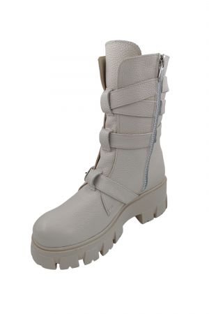 Ghete damă casual, piele naturală bizon, patru barete cu catarame, talpă ușoară, crampoane mari, bej deschis, Sandali [1]