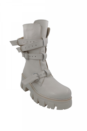 Ghete damă casual, piele naturală bizon, patru barete cu catarame, talpă ușoară, crampoane mari, bej deschis, Sandali [3]
