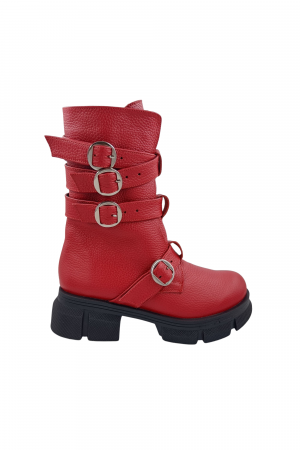Ghete cu catarame - Ghete damă casual, piele naturală bizon, patru barete cu catarame, talpă ușoară cu striați, roșu, Sandali