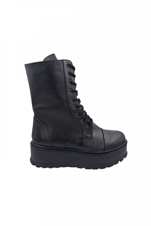 Ghete cu platforma - Ghete damă casual, piele naturală bizon, talpă înaltă, negru, SANDALI