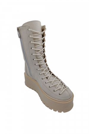 Ghete cu platforma - Ghete damă casual, piele naturală bizon, talpă înaltă, crampoane mari, bej