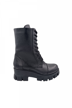 Ghete cu talpa masiva - Ghete damă casual, piele naturală bizon, talpă ușoară, crampoane mari, negru, SANDALI