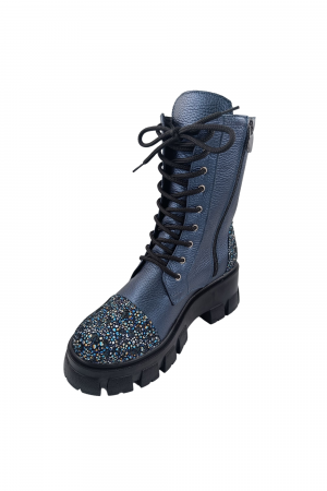 Ghete damă casual, piele naturală bizon, talpă ușoară, crampoane mari, albastru, flori albastre, SANDALI [1]