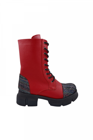 Ghete cu talpa masiva - Ghete damă casual, piele naturală bizon, talpă ușoară cu striați, roșu, linii colorate, Sandali