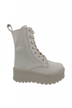 Ghete cu platforma - Ghete damă casual, piele naturală box, talpă înaltă, crampoane mari, bej, SANDALI