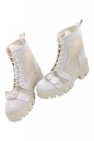 Ghete damă, piele naturală velur, plasă, talpă cu striati, ornament cataramă, bej, Sandali [4]