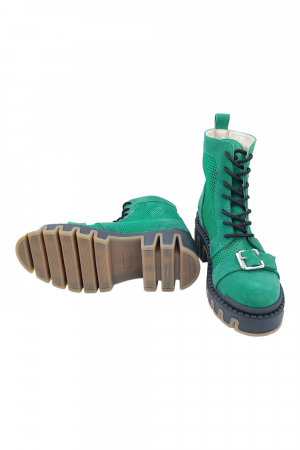 Ghete damă, piele naturală velur, plasă, talpă cu striați, ornament cataramă, verde, Sandali [5]