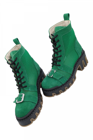 Ghete damă, piele naturală velur, plasă, talpă cu striați, ornament cataramă, verde, Sandali [4]