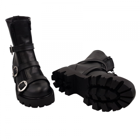 Ghete damă, piele naturală, barete cu catarame, talpă ușoară, crampoane mari, negru, Sandali [3]