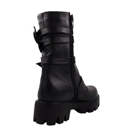 Ghete damă, piele naturală bizon, patru barete cu catarame, talpă ușoară, crampoane mari, negru [1]