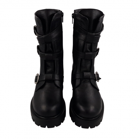 Ghete damă, piele naturală bizon, patru barete cu catarame, talpă ușoară, crampoane mari, negru [2]