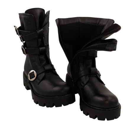 Ghete damă, piele naturală bizon, patru barete cu catarame, talpă ușoară, crampoane mari, negru [3]